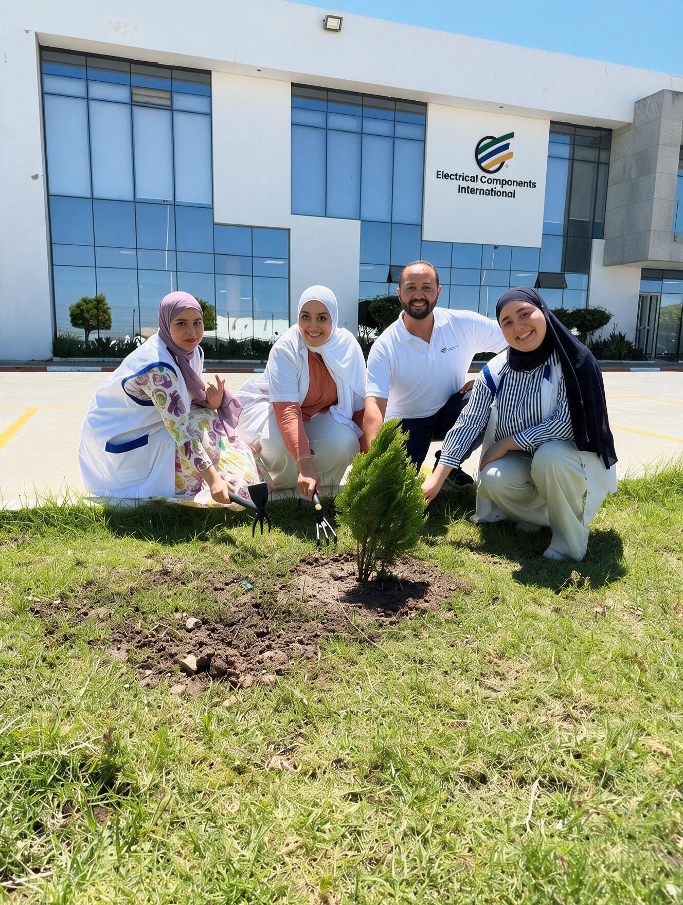 ECI employees planting a tree outside a company facility